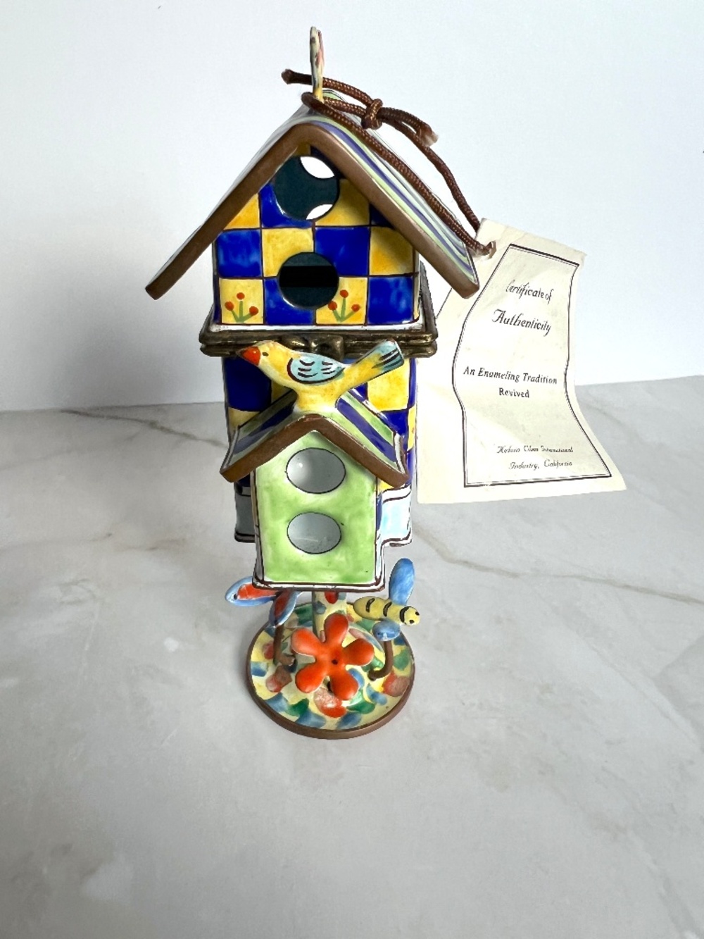 Kelvin Chen Enamel Double Birdhouse on Pedestal Trinket Box, Hand Painted